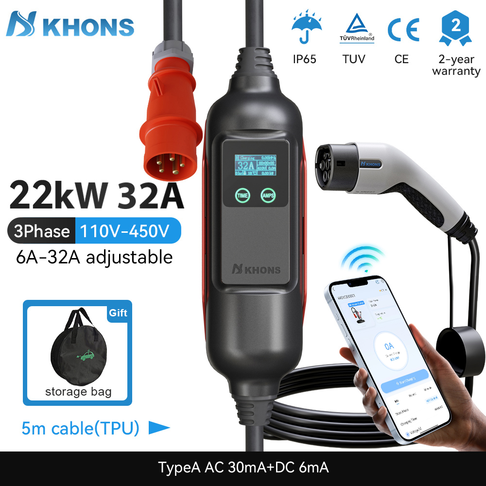 Khons Portable EV Charger Type - Ev Charger Type 2 22Kw 32A 3 Phase recension och pris